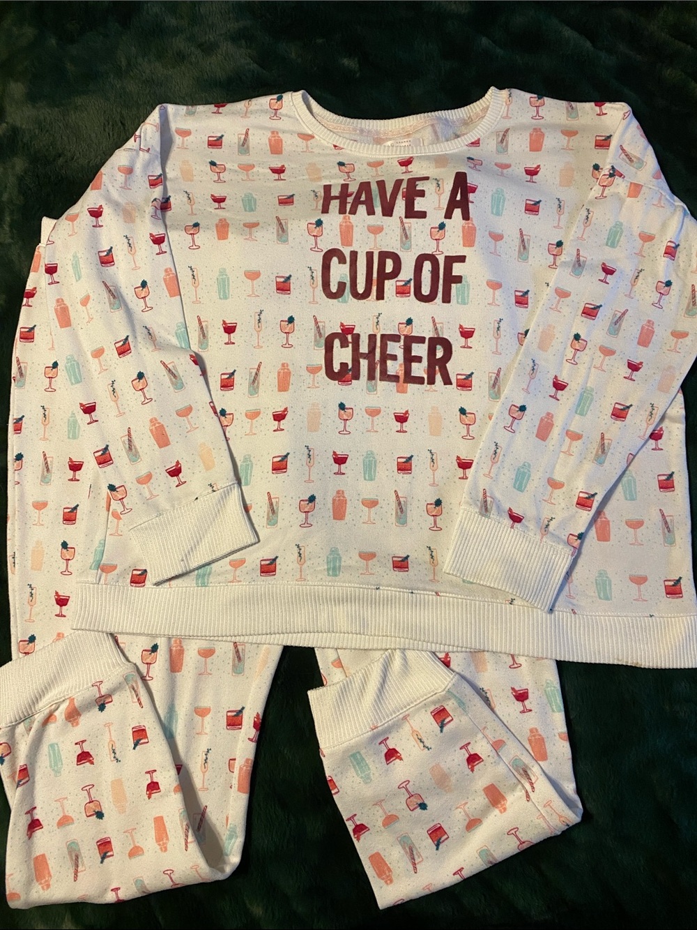 LC Lauren Conrad White Pajama Set with Red and Pastel Drink Motif